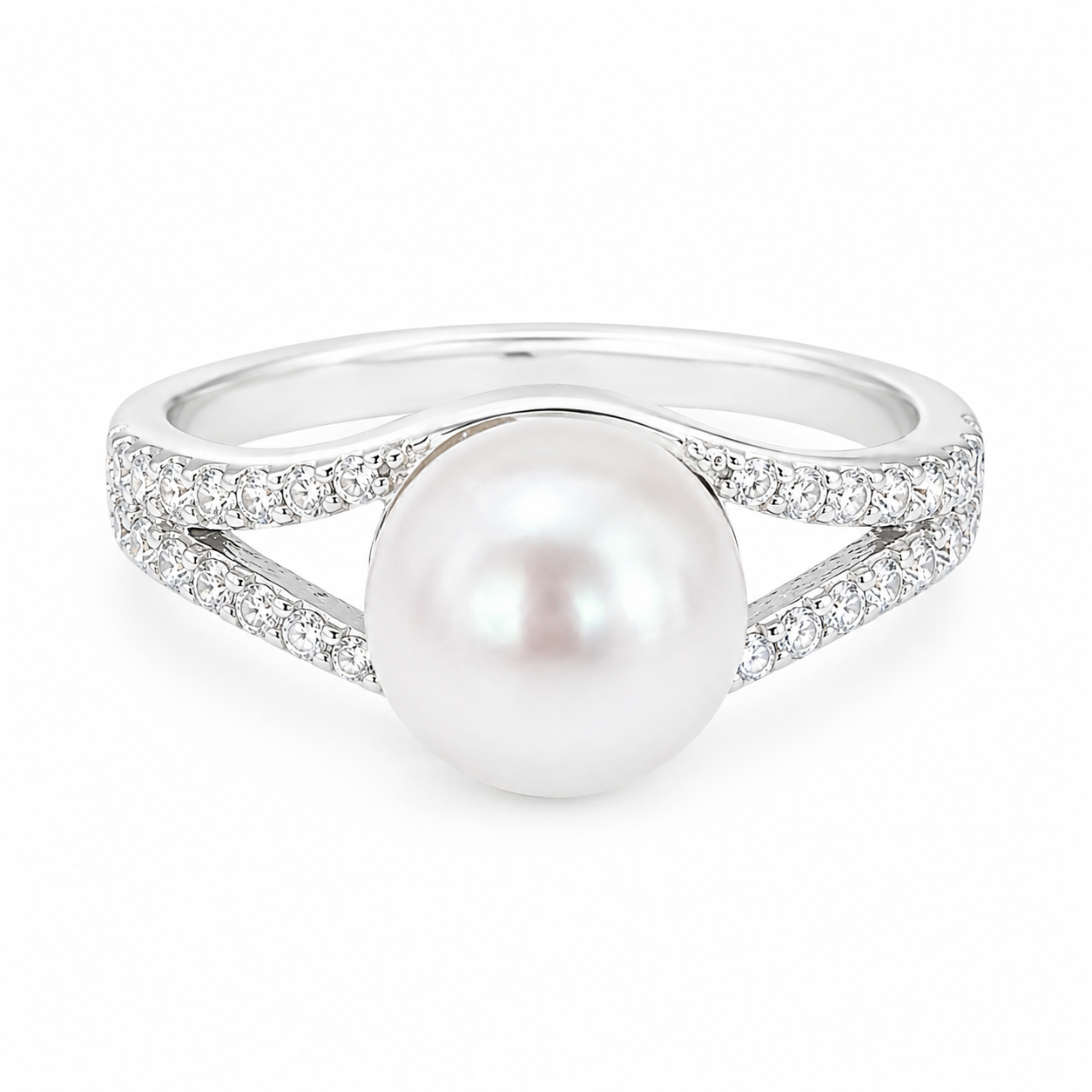 Sterling Silver Pearl CZ Split Band Ring