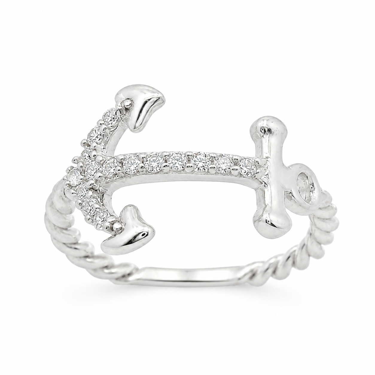 Sterling Silver CZ Anchor Rope Band Ring