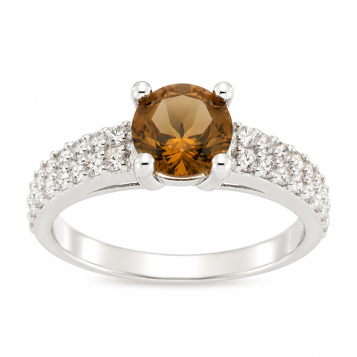 Sterling Silver Cognac Zirconia Pave Champagne Stone Engagement Ring