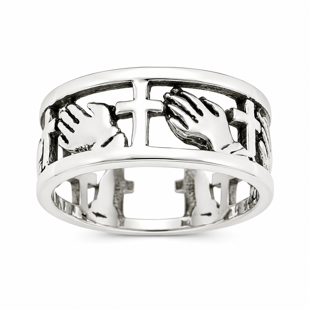 Sterling Silver Cross & Praying Hands Ring