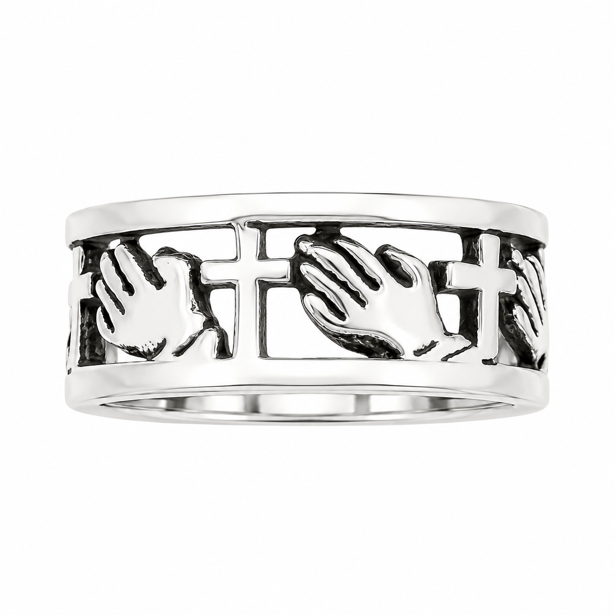 Sterling Silver Cross & Praying Hands Ring