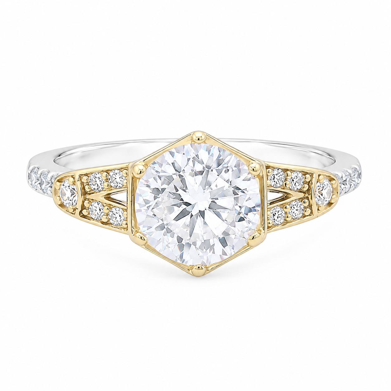 Sterling Silver Two Tone Hexagon CZ Ring