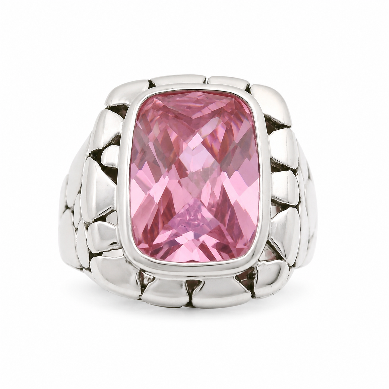 Sterling Silver Rectangle Pink CZ Ring