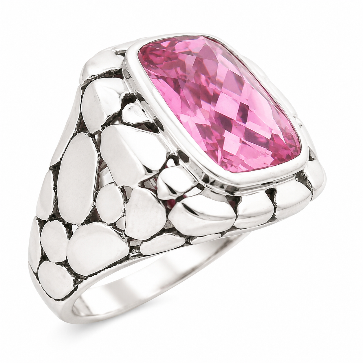 Sterling Silver Rectangle Pink CZ Ring