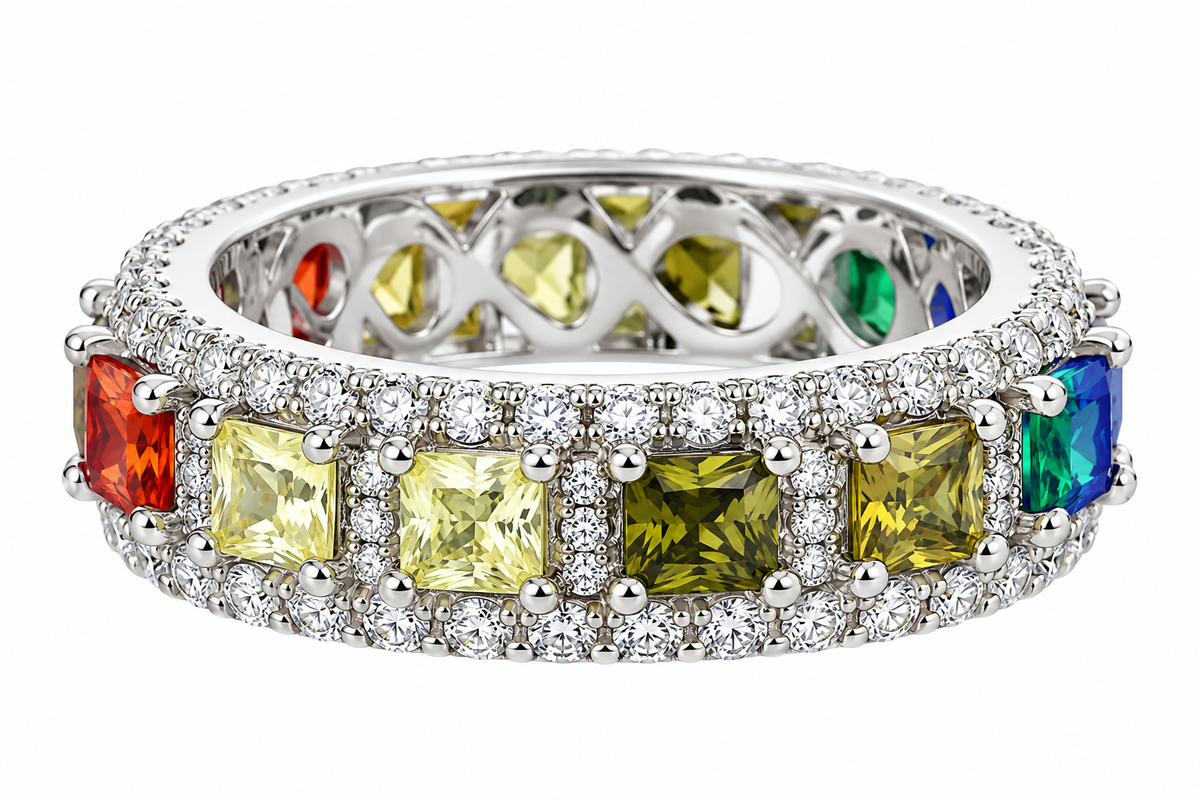 Sterling Silver Multicolor Princess Cut CZ Eternity Band Ring