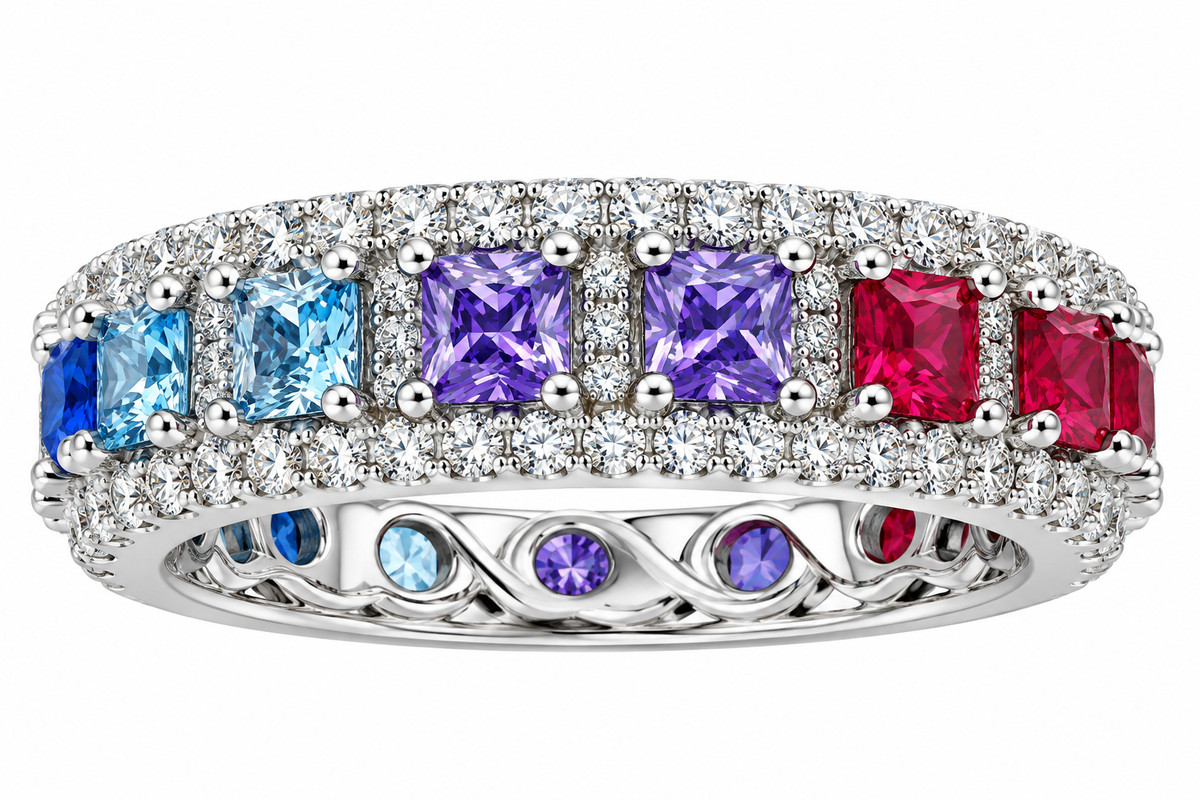 Sterling Silver Multicolor Princess Cut CZ Eternity Band Ring