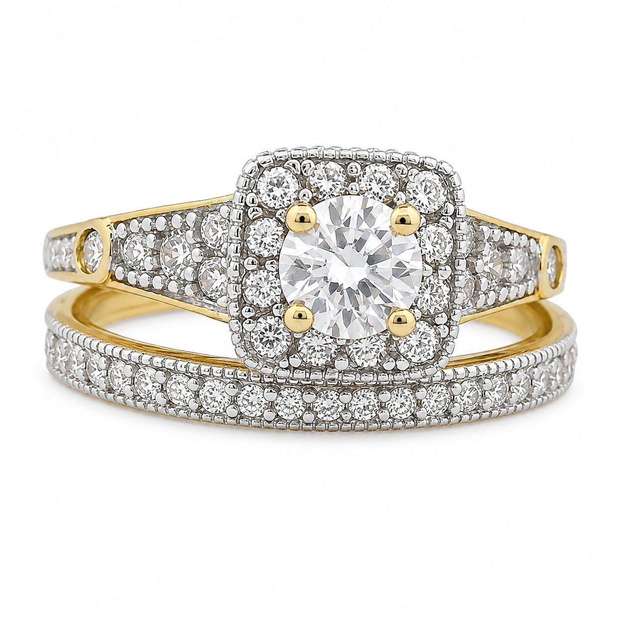 Sterling SIlver Gold Plated Square Halo CZ Ring Set