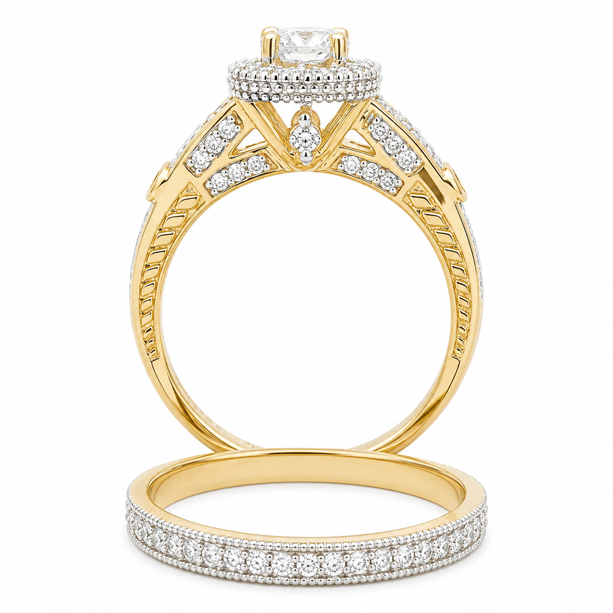 Sterling SIlver Gold Plated Square Halo CZ Ring Set