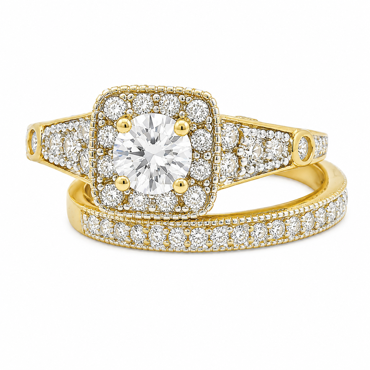 Sterling SIlver Gold Plated Square Halo CZ Ring Set