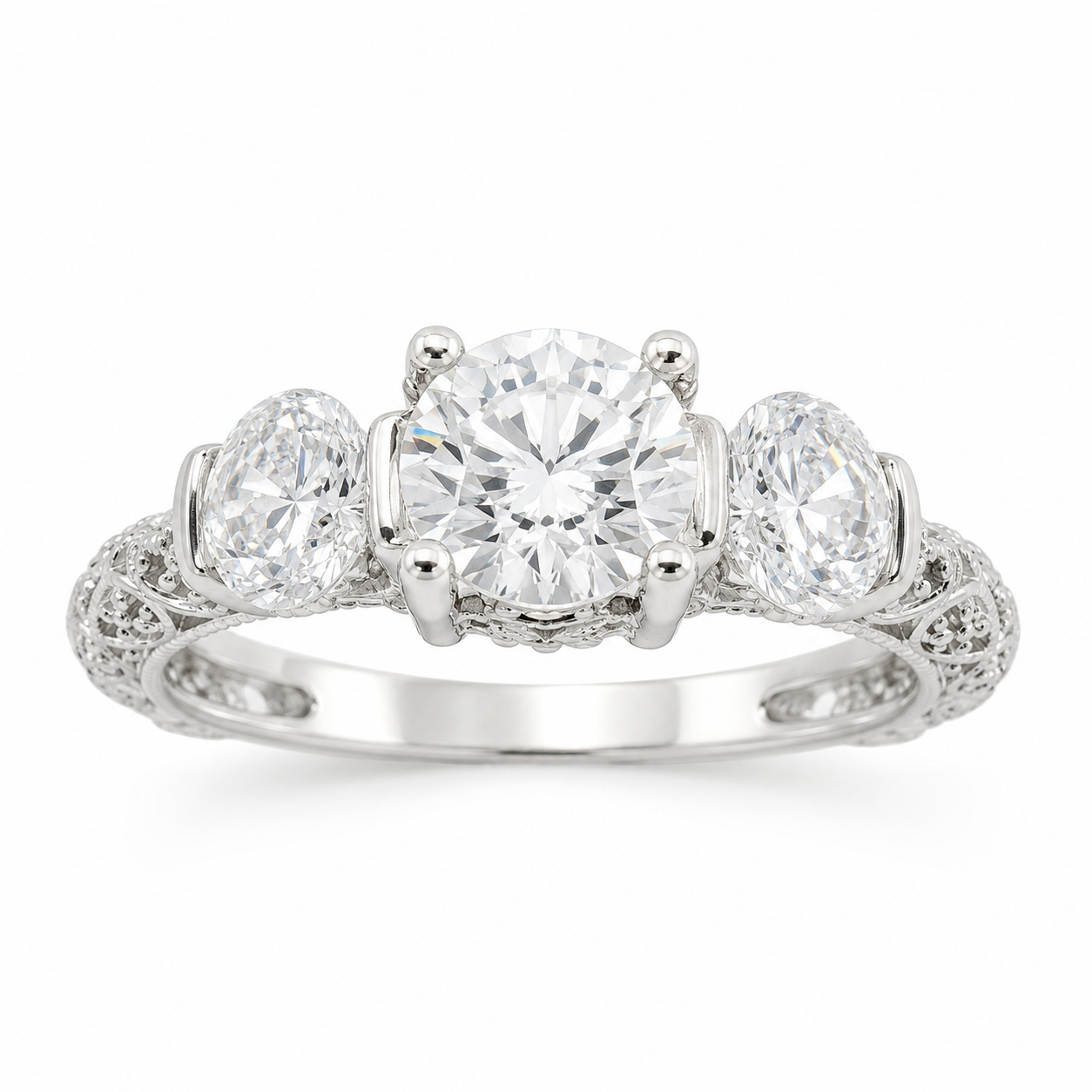 Sterling Silver Triple CZ Detailed Engagement Ring