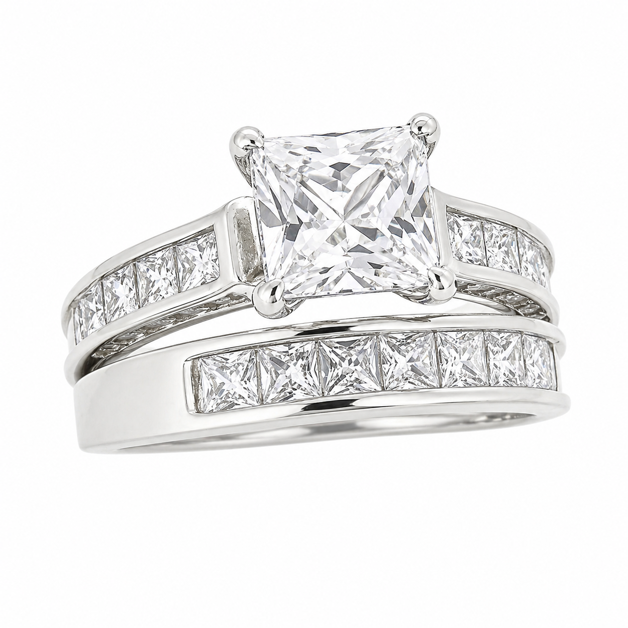 Sterling Silver Square Cut Stackable Wedding/ Engagement Ring Set