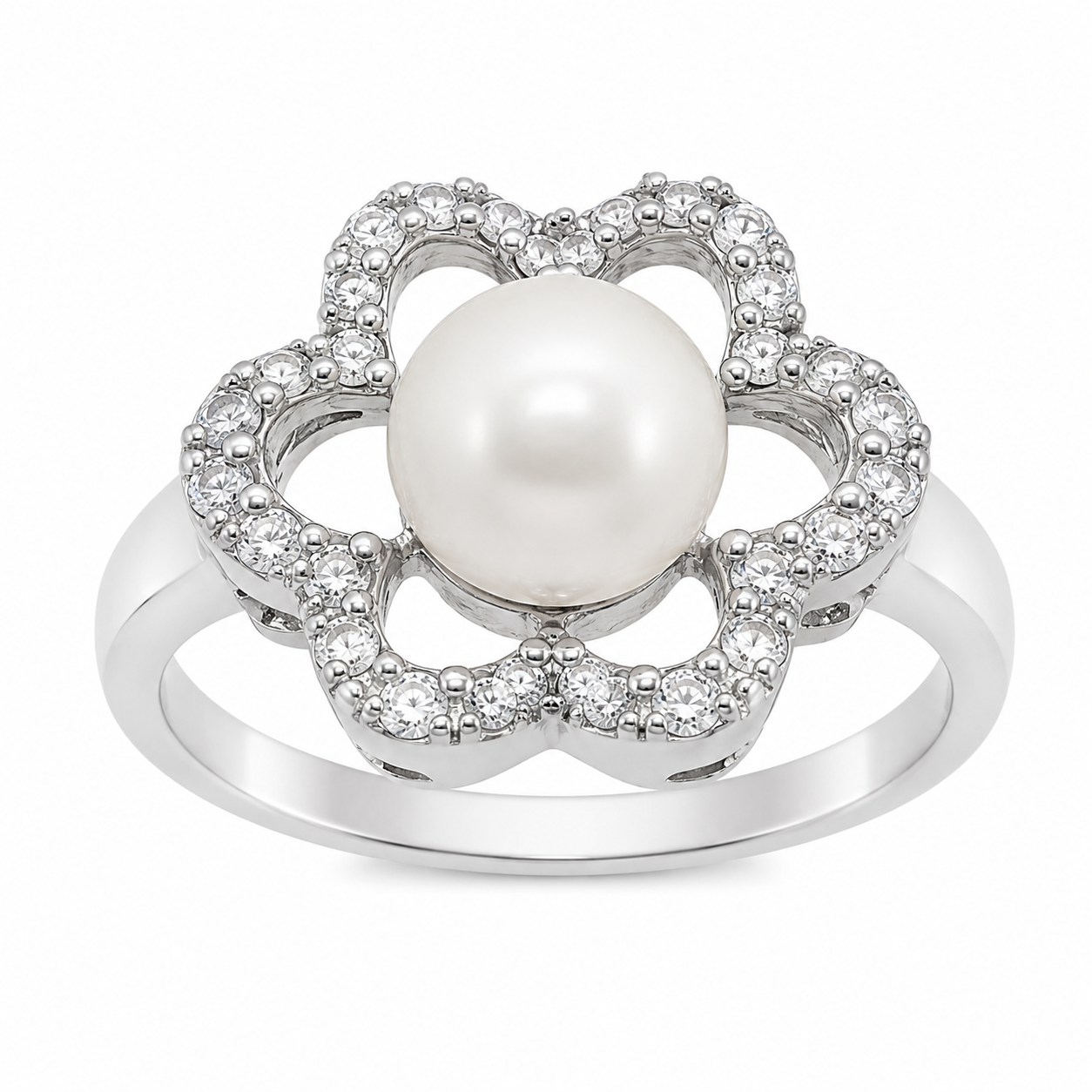 CZ Open Flower And Pearl Ring