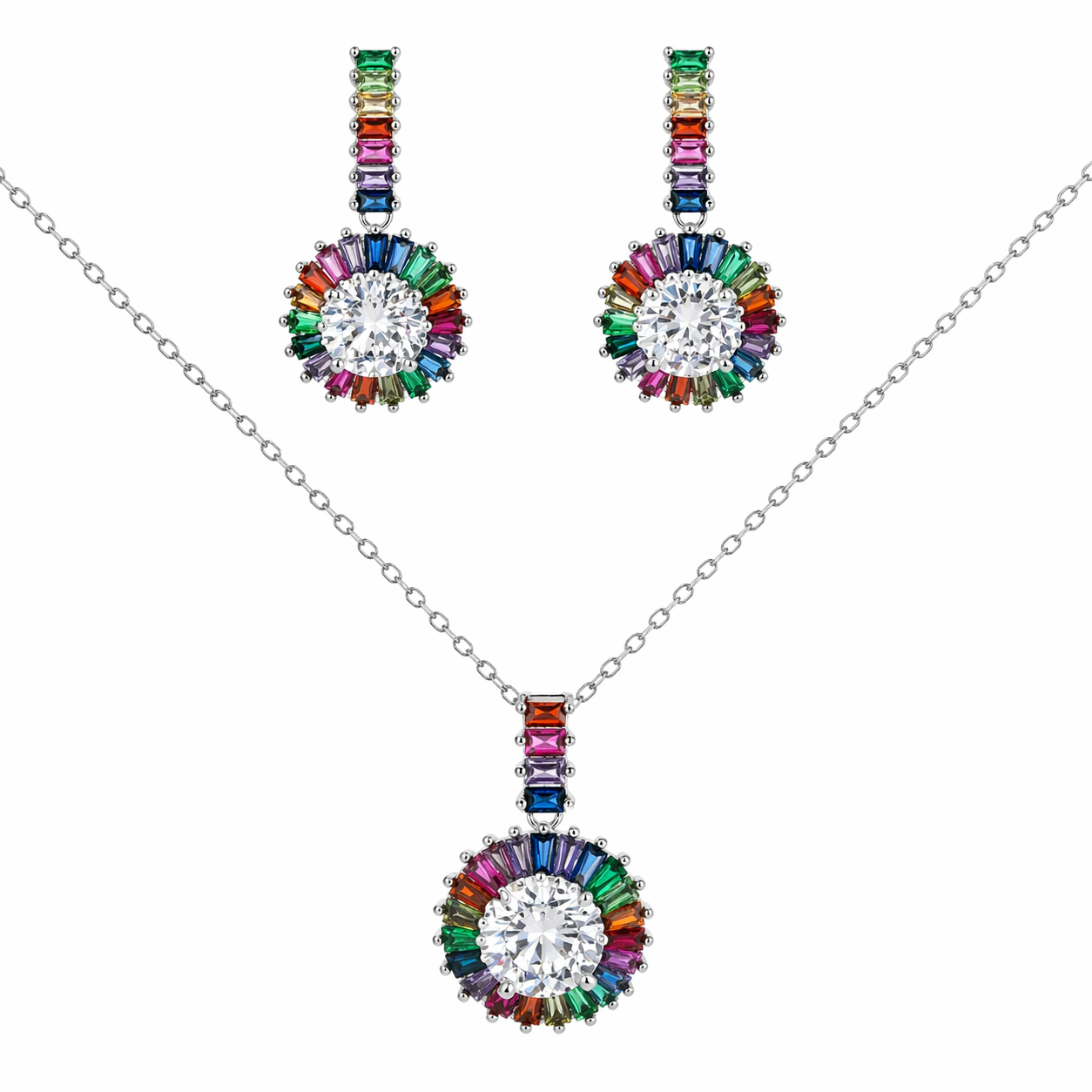 MULTI COLOR CZ HALO DROP EARRING & NECKLACE SET