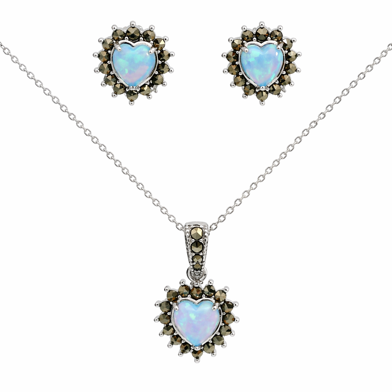 STERLING SILVER LIGHT BLUE OPAL HEART WITH MARCASITE BORDER NECKLACE & POST EARRING SET