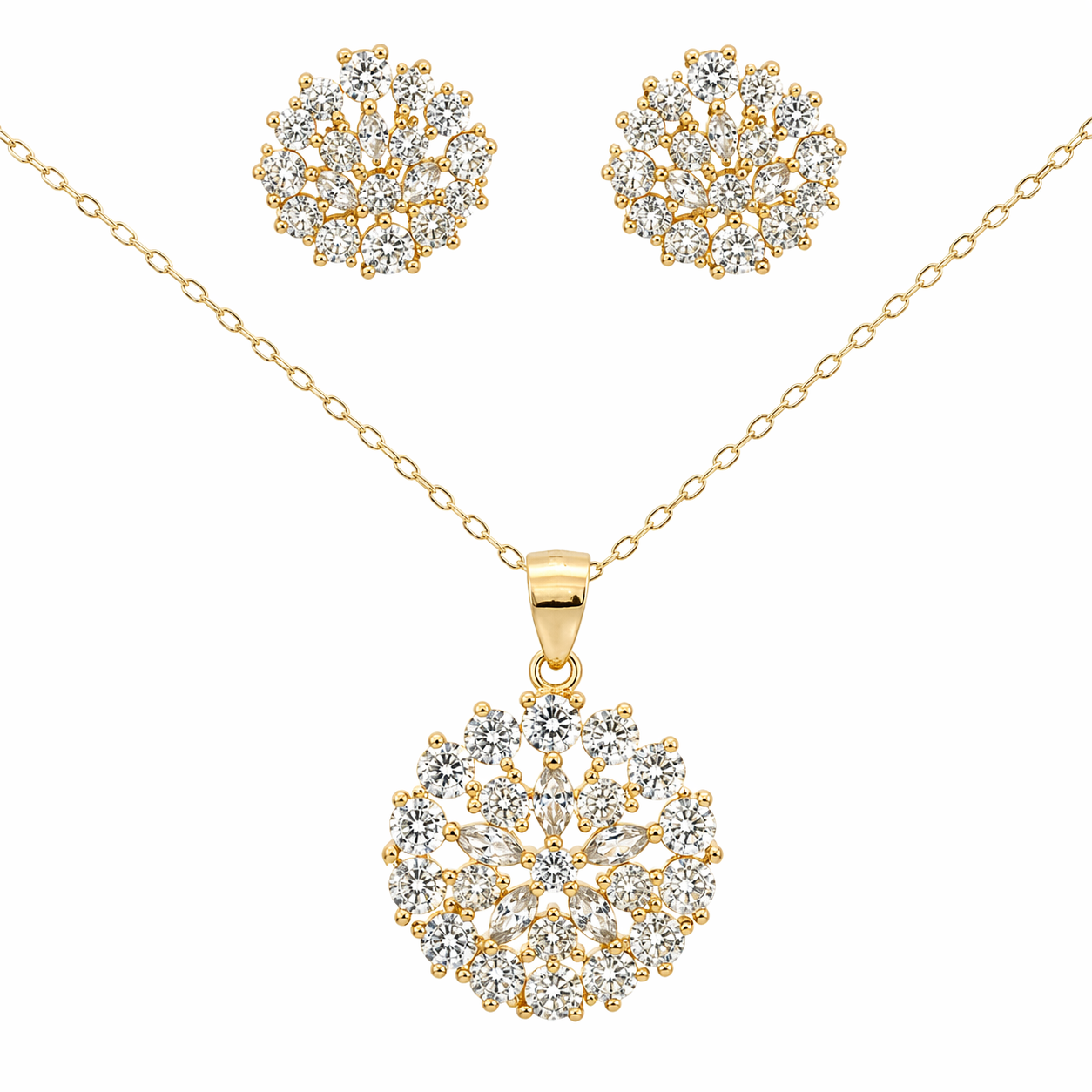 SILVER MARQUISE CZ ROUND NECKLACE & EARRING SET