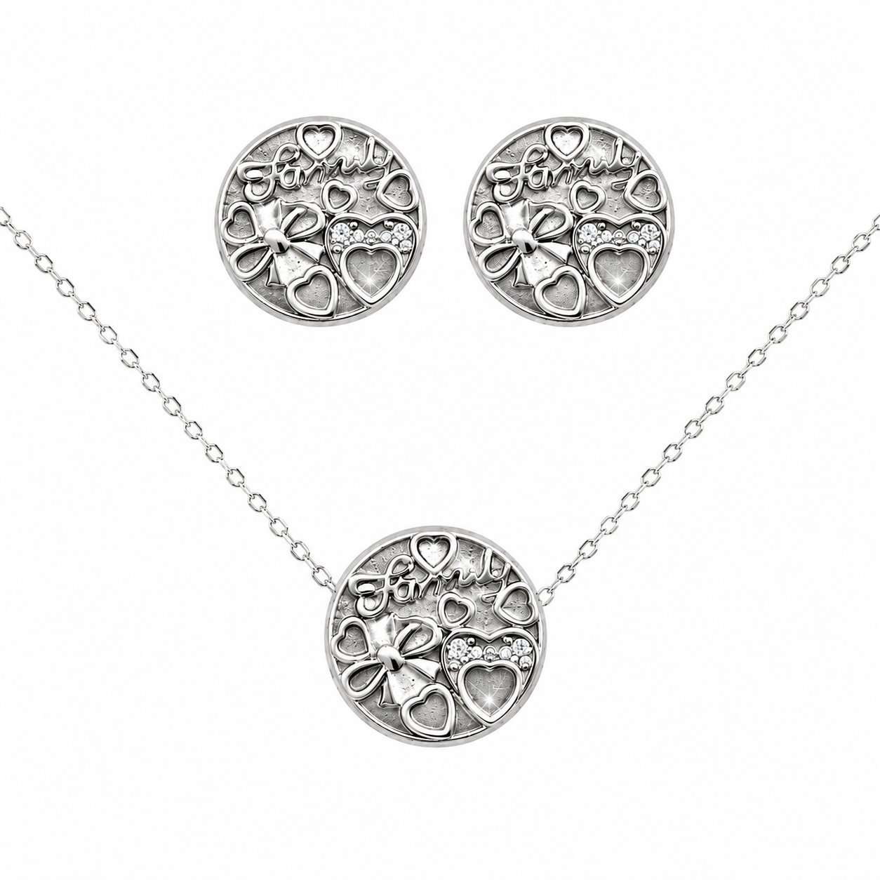 Sterling Silver CZ Hearts & Bows Design Disc Necklace & Earring Set