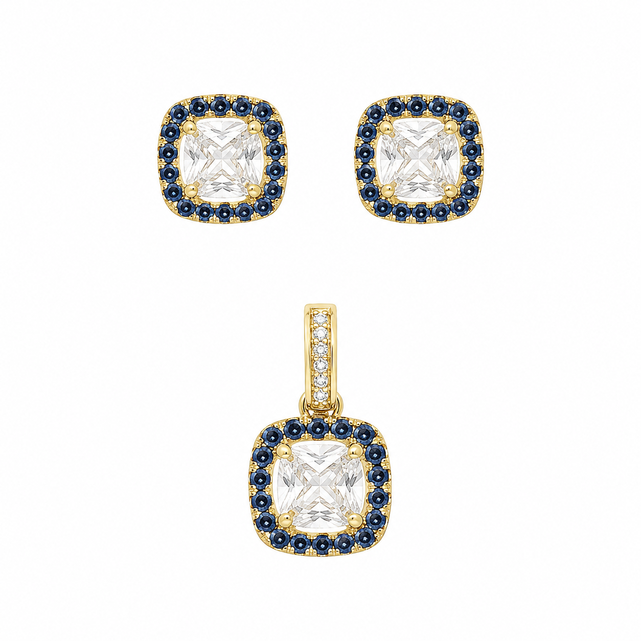 Sterling Silver Gold Plate Square Blue Stone Border Earring/Pendant Set
