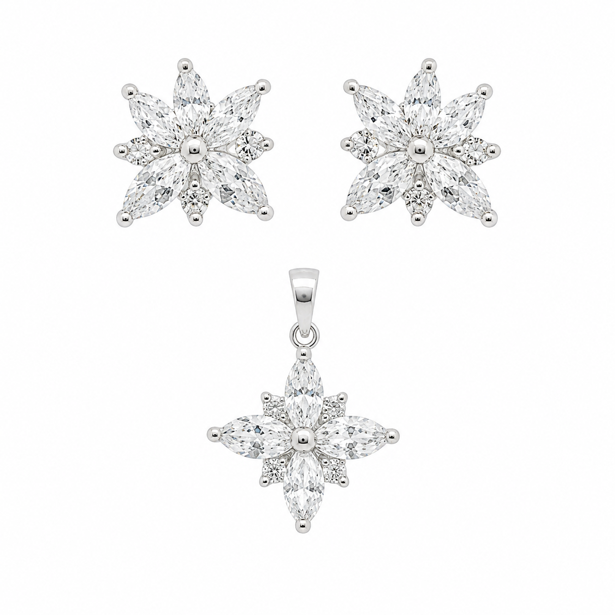 Sterling Silver Crystal Diamond Shape Pendant Earring Set