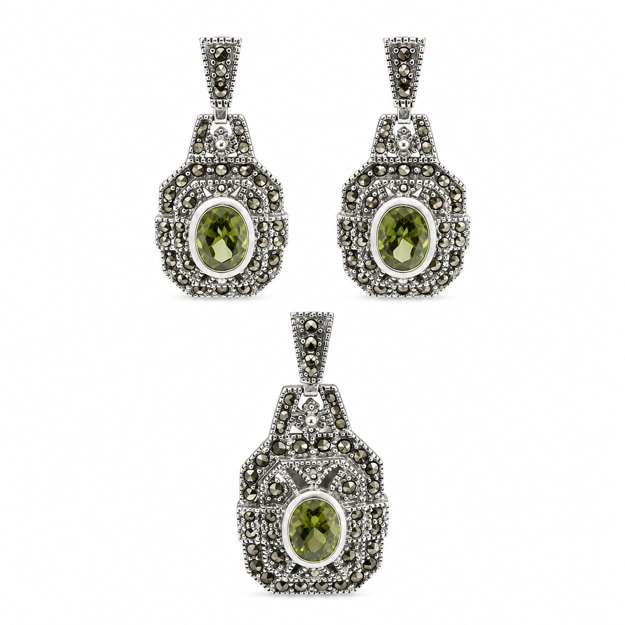 Sterling Silver Antique Pendant Earring Set