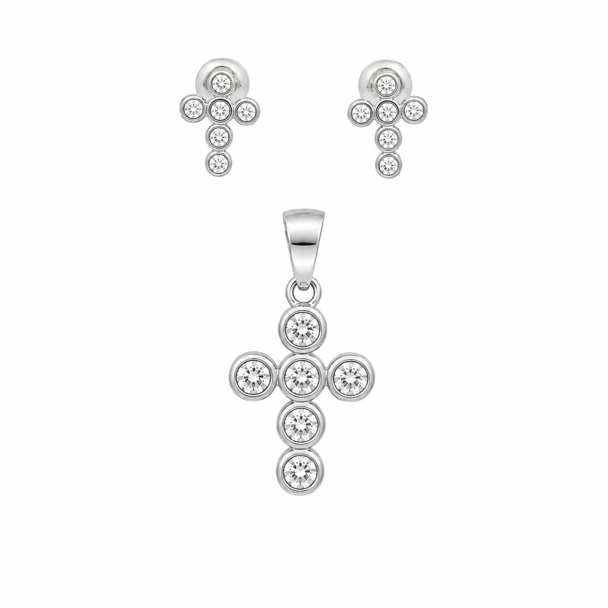 Sterling Silver Round Cz Cross Pendant/Earring Set