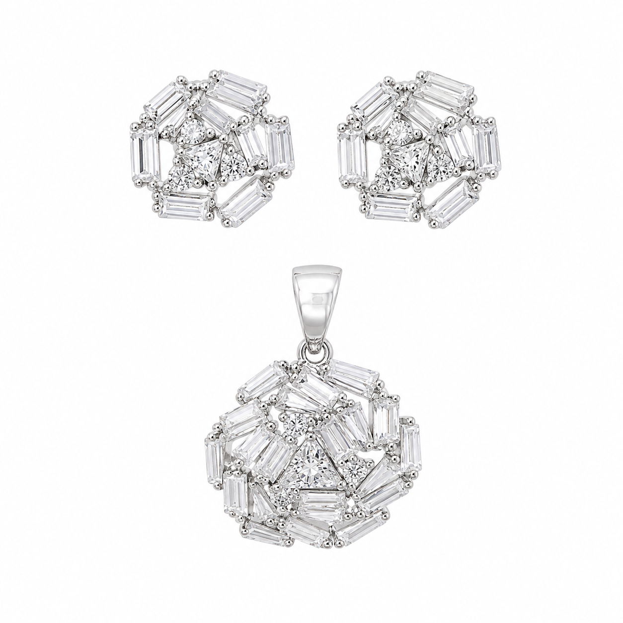 Sterling Silver Baguette Circle Swirl Earring/Pendant Set