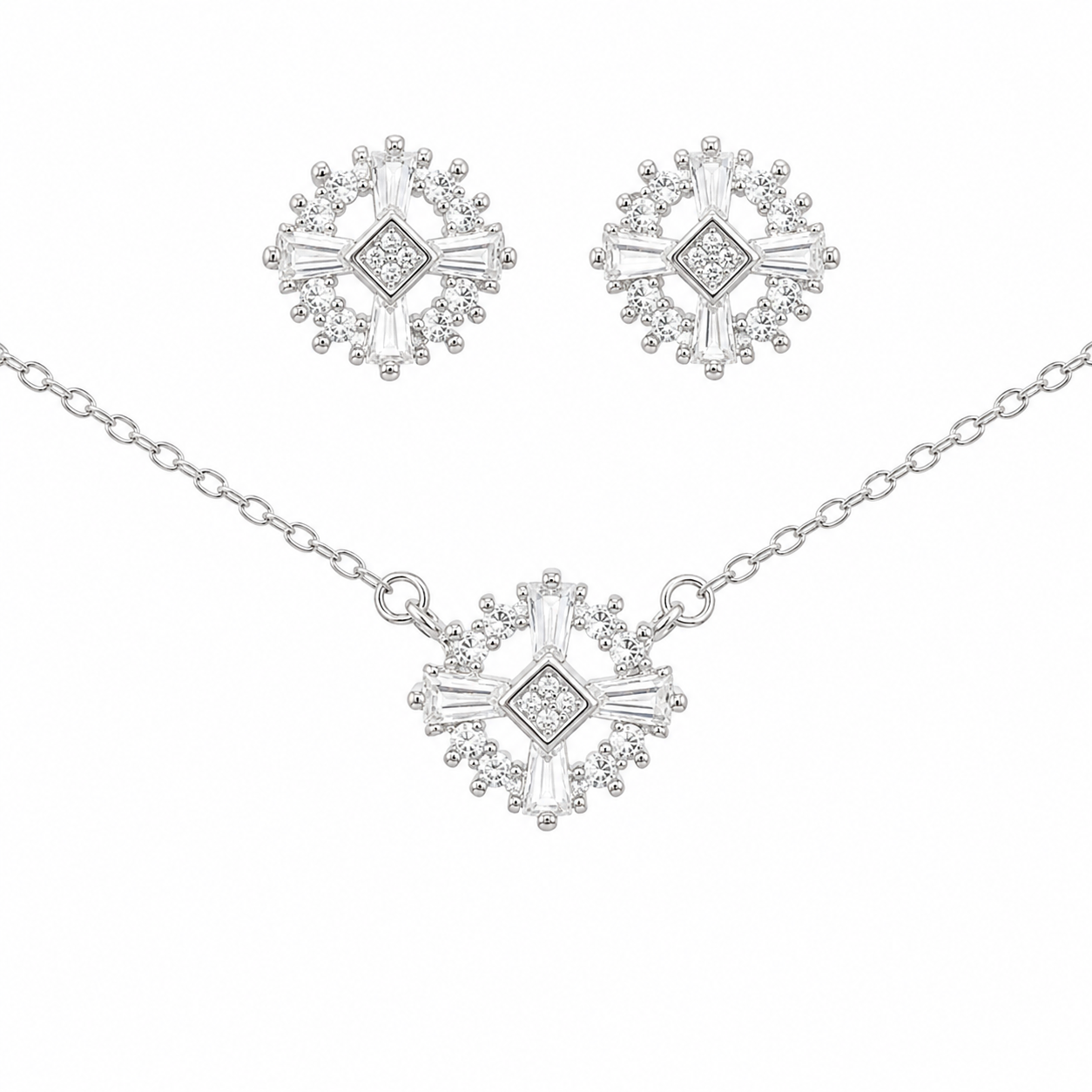 Sterling Silver Diamond Shape CZ Necklace/Earrings Set