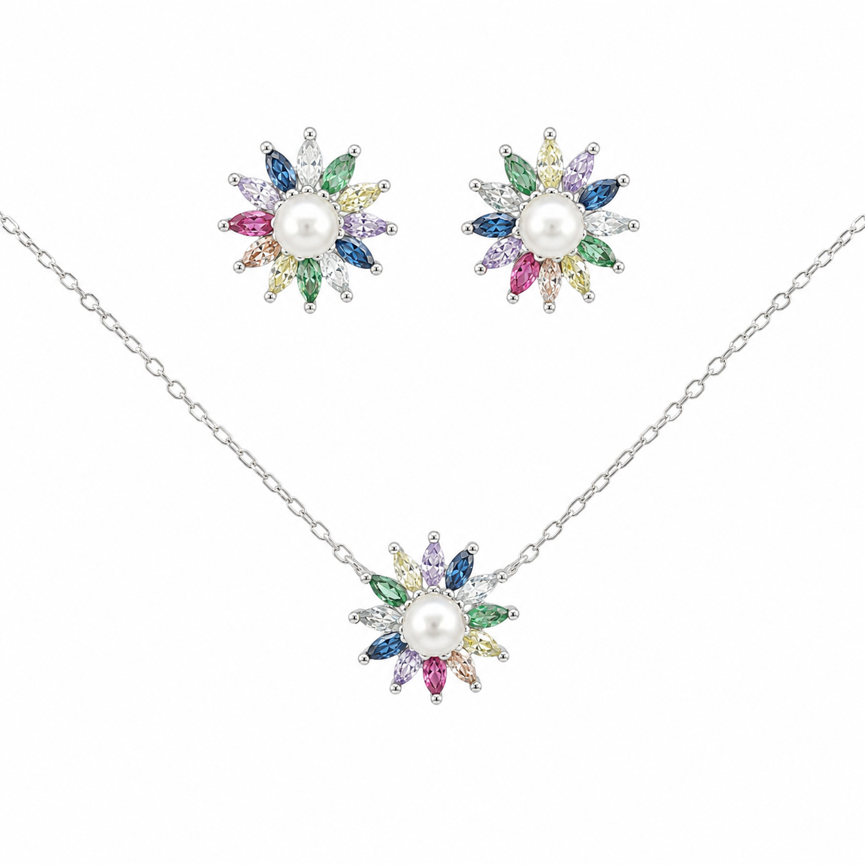 Sterling Silver CZ Flower With Pearl Center Necklace/Earrings Set