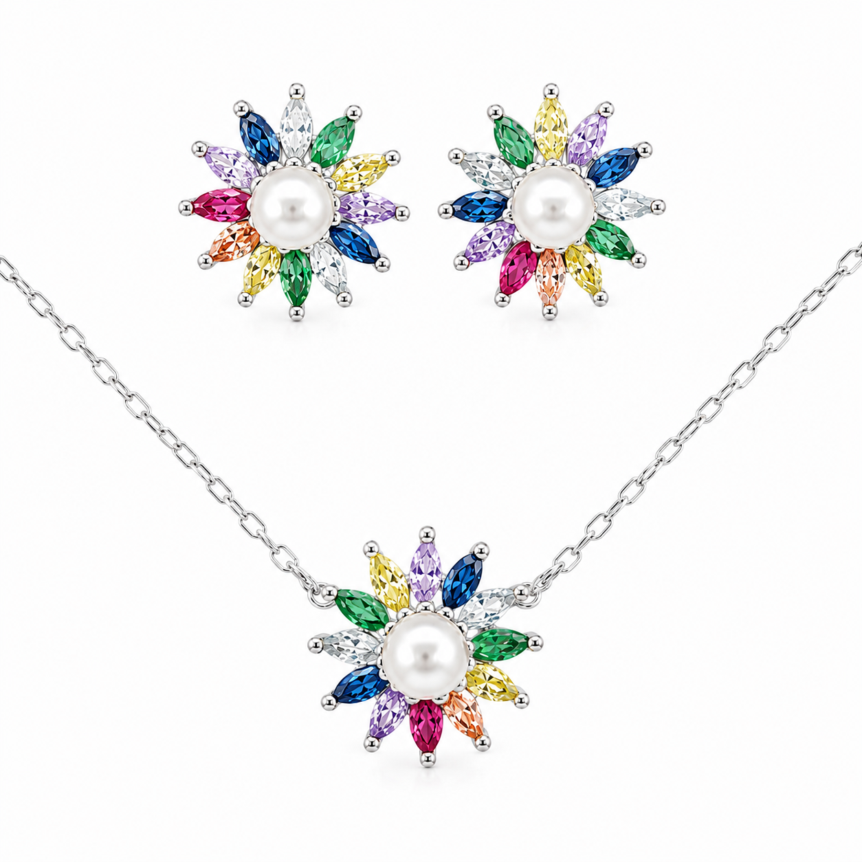 Sterling Silver CZ Flower With Pearl Center Necklace/Earrings Set