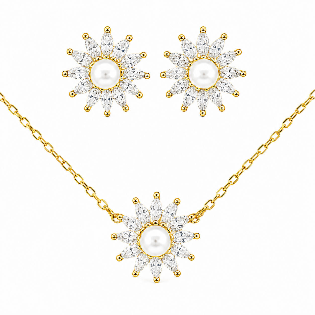 Sterling Silver CZ Flower With Pearl Center Necklace/Earrings Set