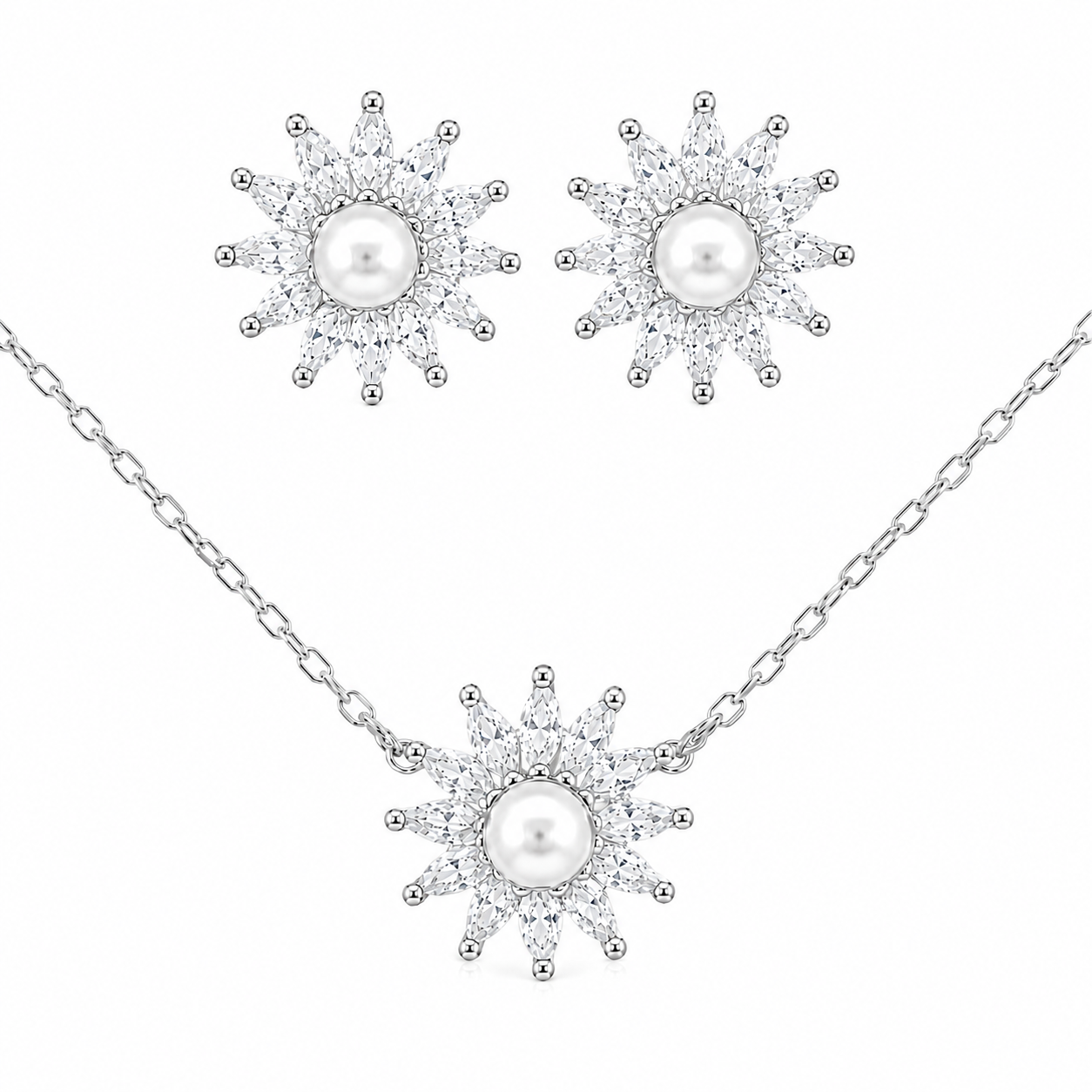 Sterling Silver CZ Flower With Pearl Center Necklace/Earrings Set