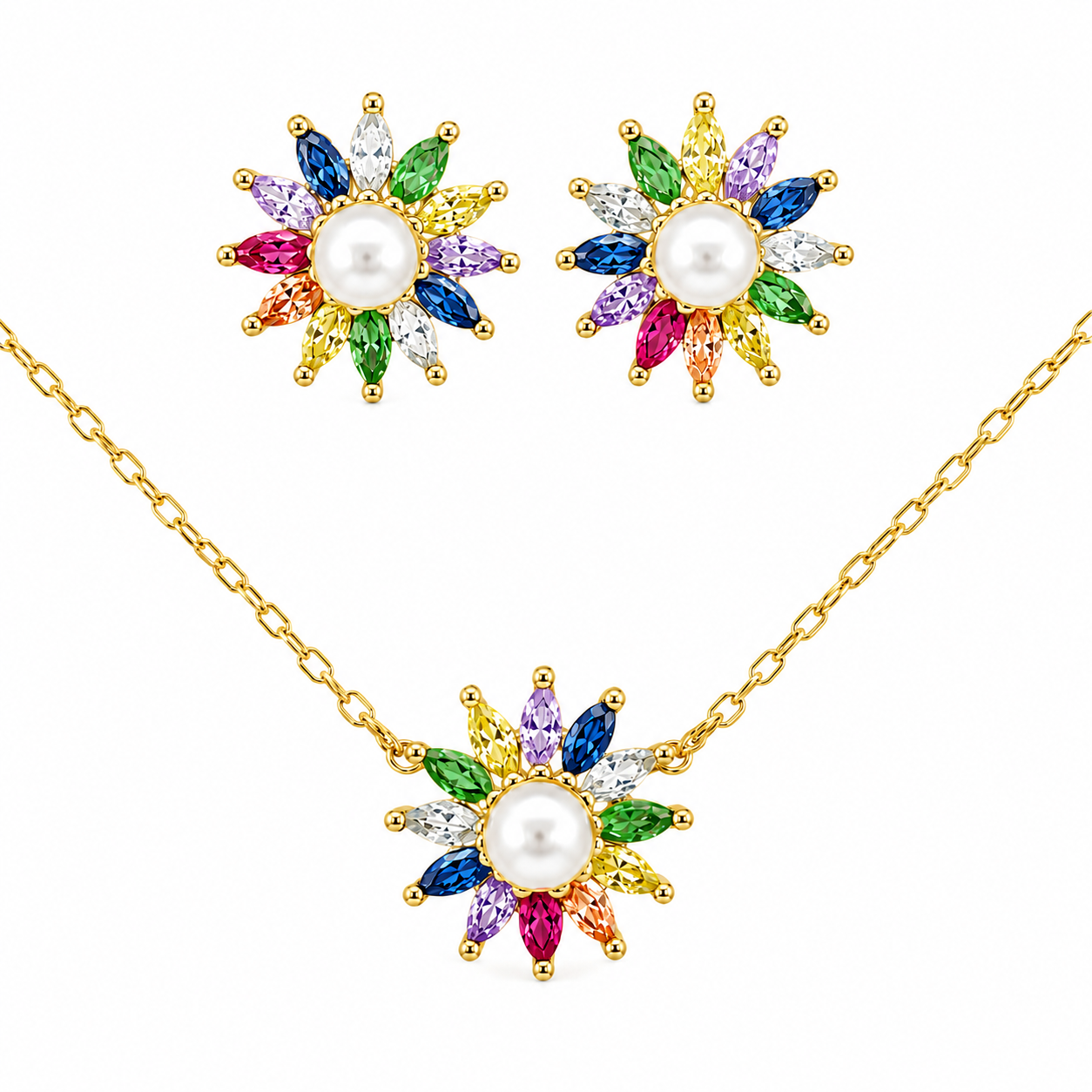 Sterling Silver CZ Flower With Pearl Center Necklace/Earrings Set