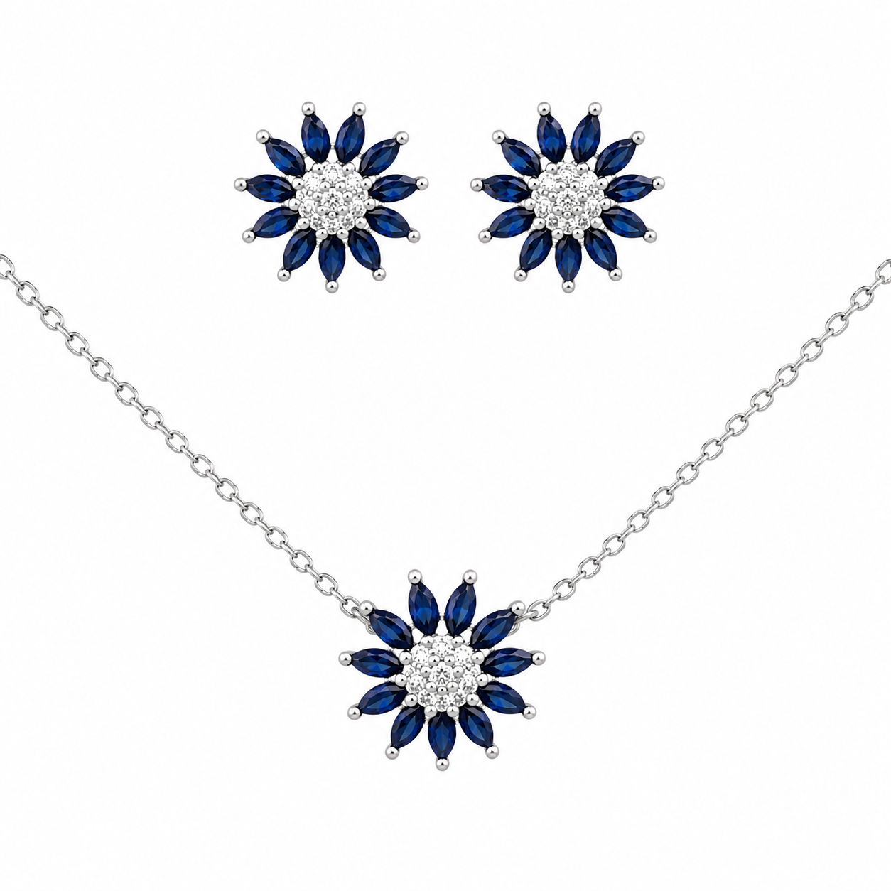 Sterling Silver CZ Flower Necklace/Earrings Set