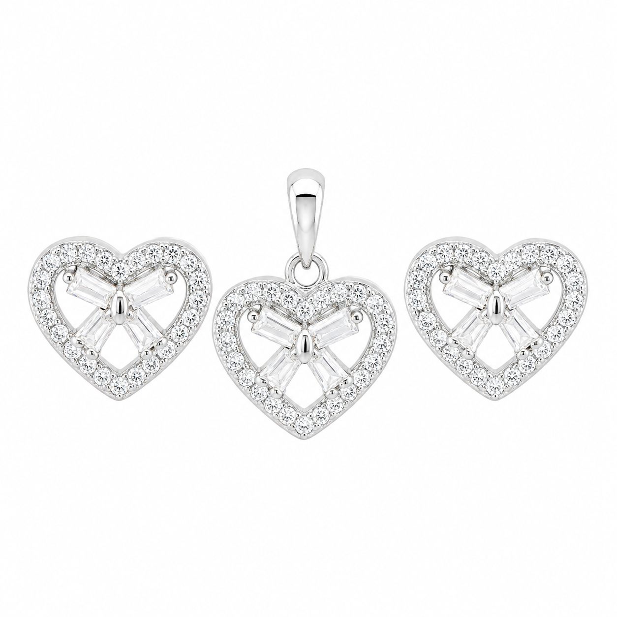 Sterling Silver CZ Heart Baguette CZ Bow Pendant & Earrings Set