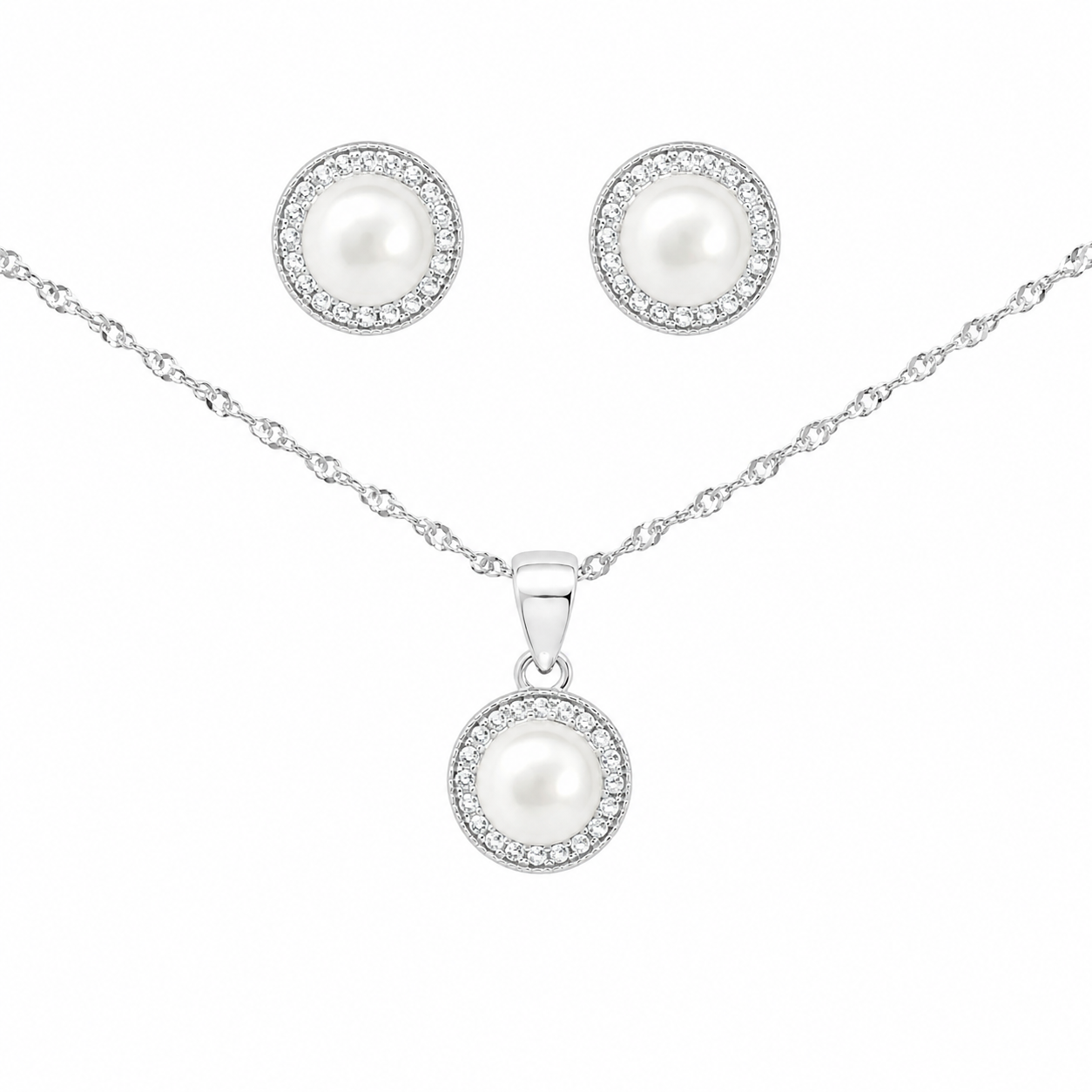 Sterling Silver Pearl CZ Halo Necklace & Earrings Set