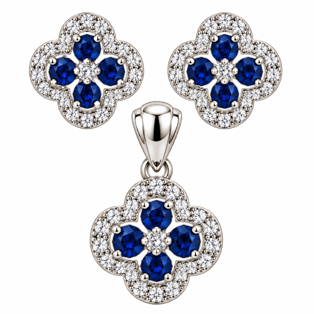 Sterling Silver Colored CZ Flower Pendant & Earrings Set