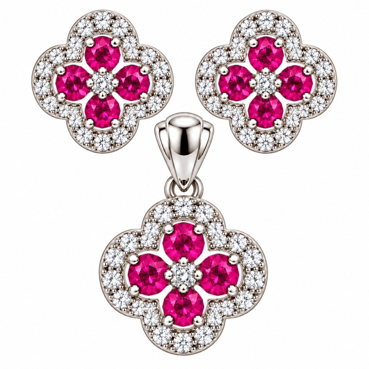 Sterling Silver Colored CZ Flower Pendant & Earrings Set