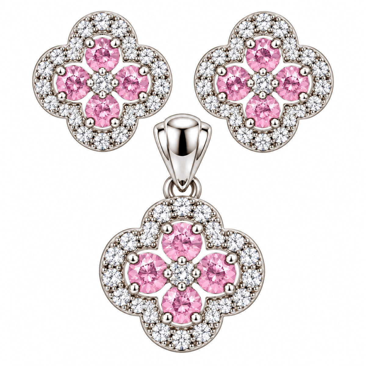 Sterling Silver Colored CZ Flower Pendant & Earrings Set
