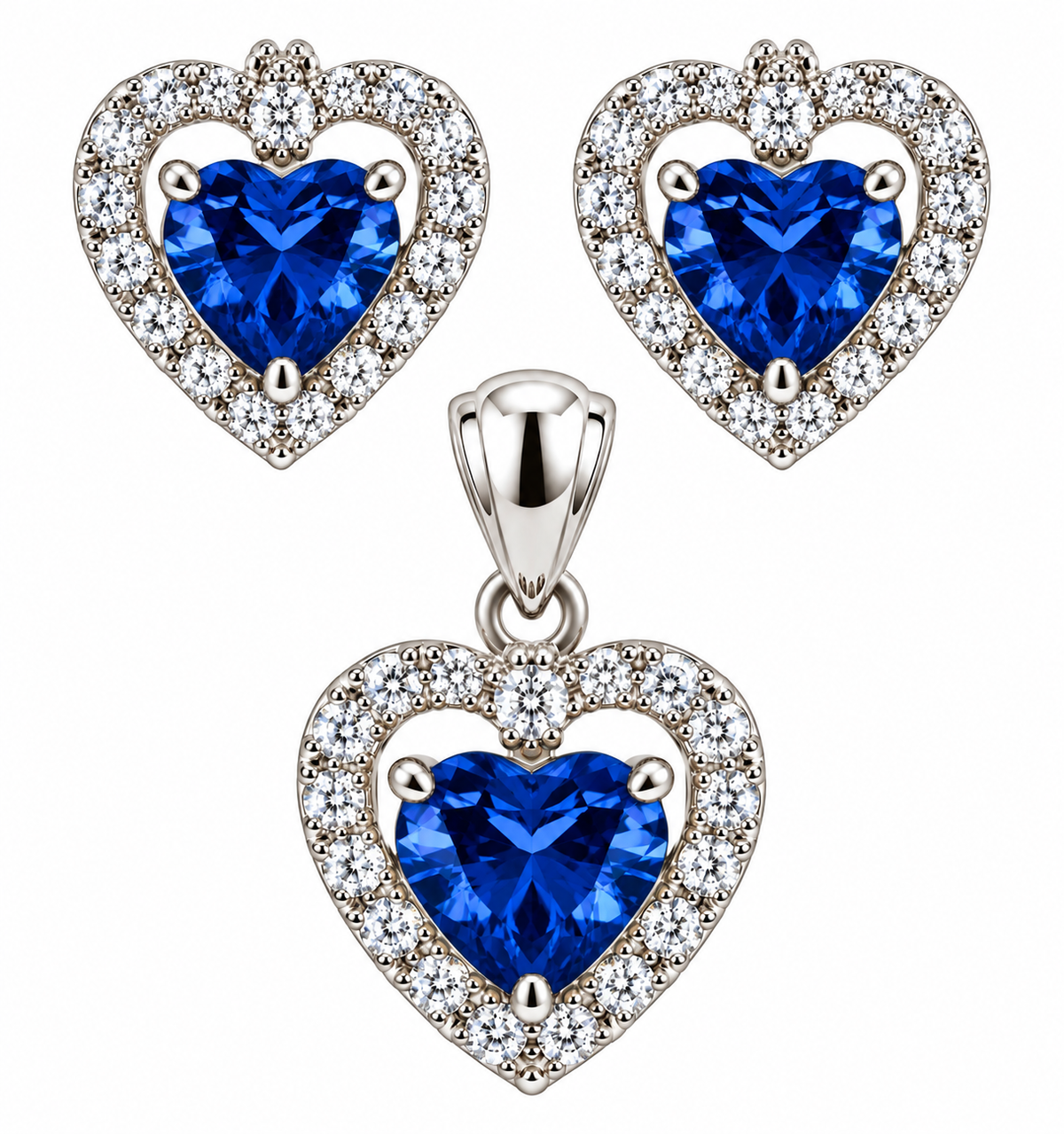 Sterling Silver Colored CZ Heart W/ Halo Pendant & Earrings Set