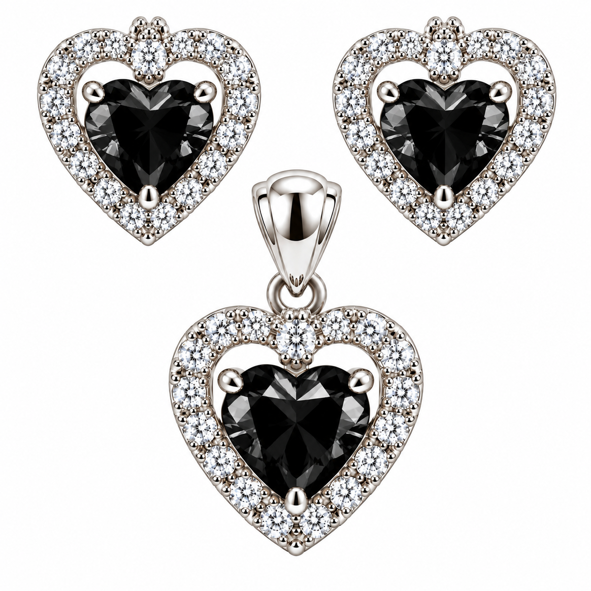 Sterling Silver Colored CZ Heart W/ Halo Pendant & Earrings Set