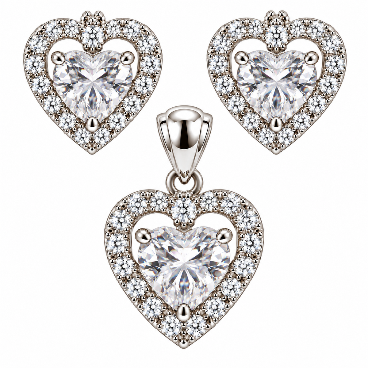 Sterling Silver Colored CZ Heart W/ Halo Pendant & Earrings Set