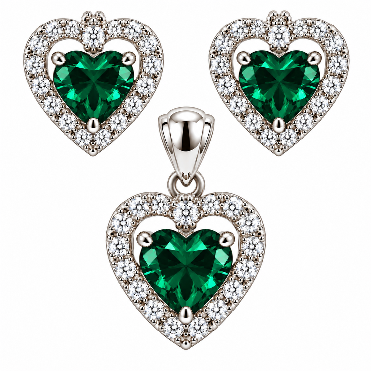 Sterling Silver Colored CZ Heart W/ Halo Pendant & Earrings Set