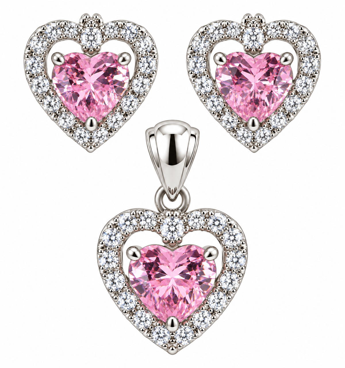 Sterling Silver Colored CZ Heart W/ Halo Pendant & Earrings Set