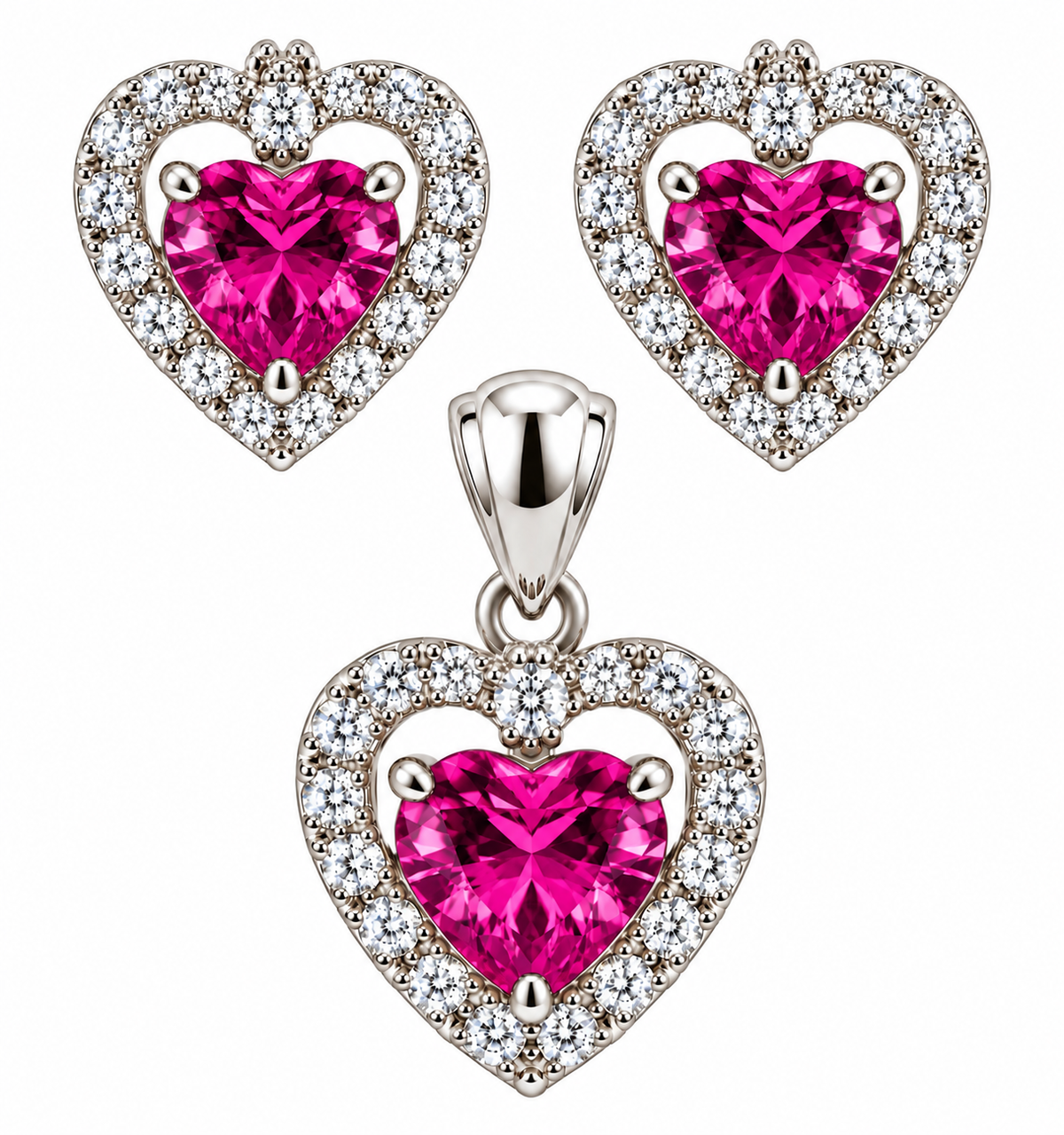 Sterling Silver Colored CZ Heart W/ Halo Pendant & Earrings Set