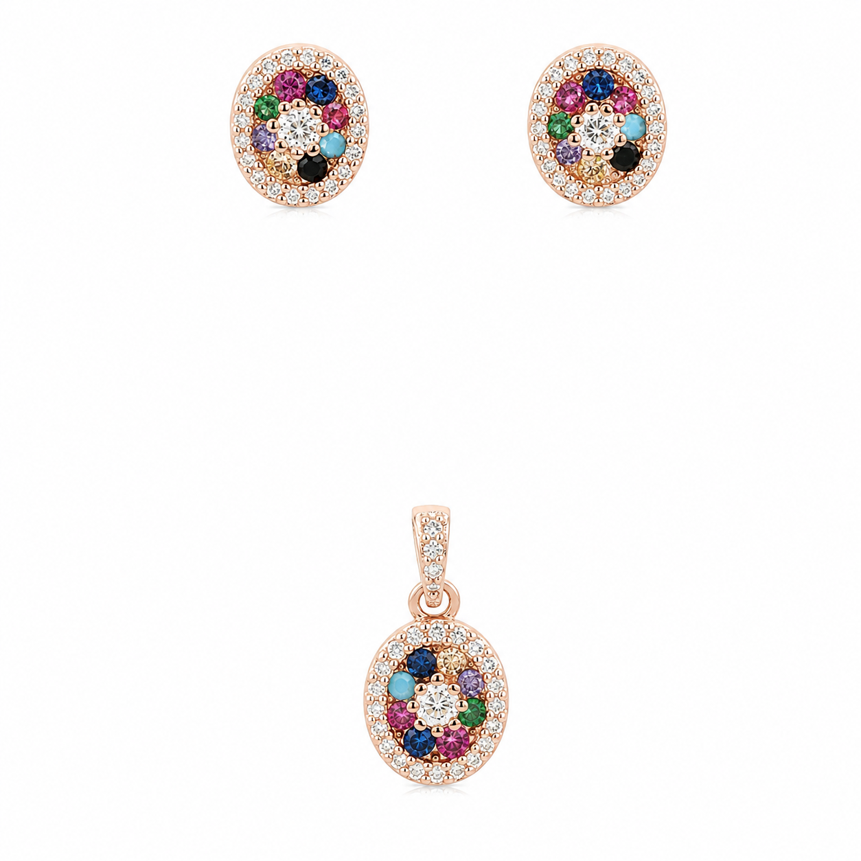 Sterling Silver Oval Rainbow Gemstone Set (Chain not Included)