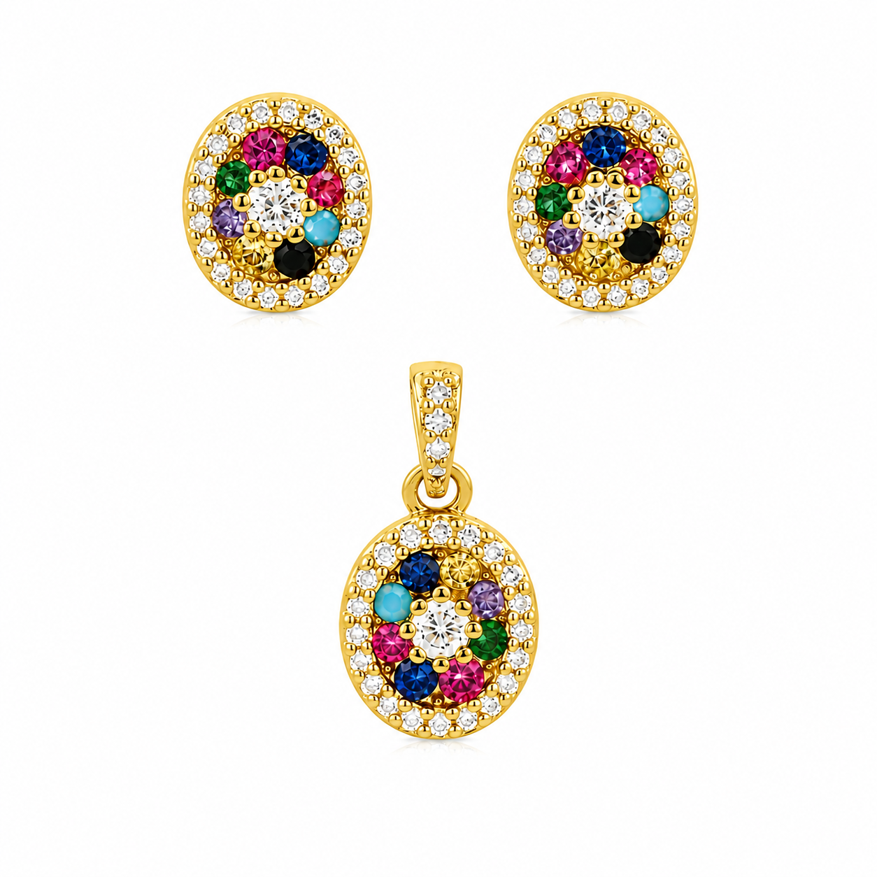 Sterling Silver Oval Rainbow Gemstone Set (Chain not Included)