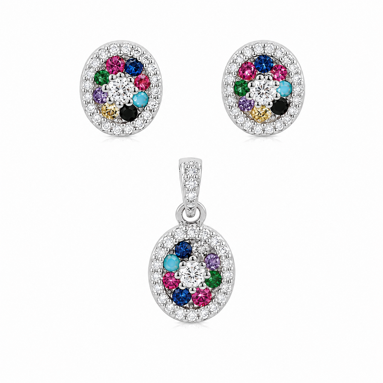 Sterling Silver Oval Rainbow Gemstone Set (Chain not Included)