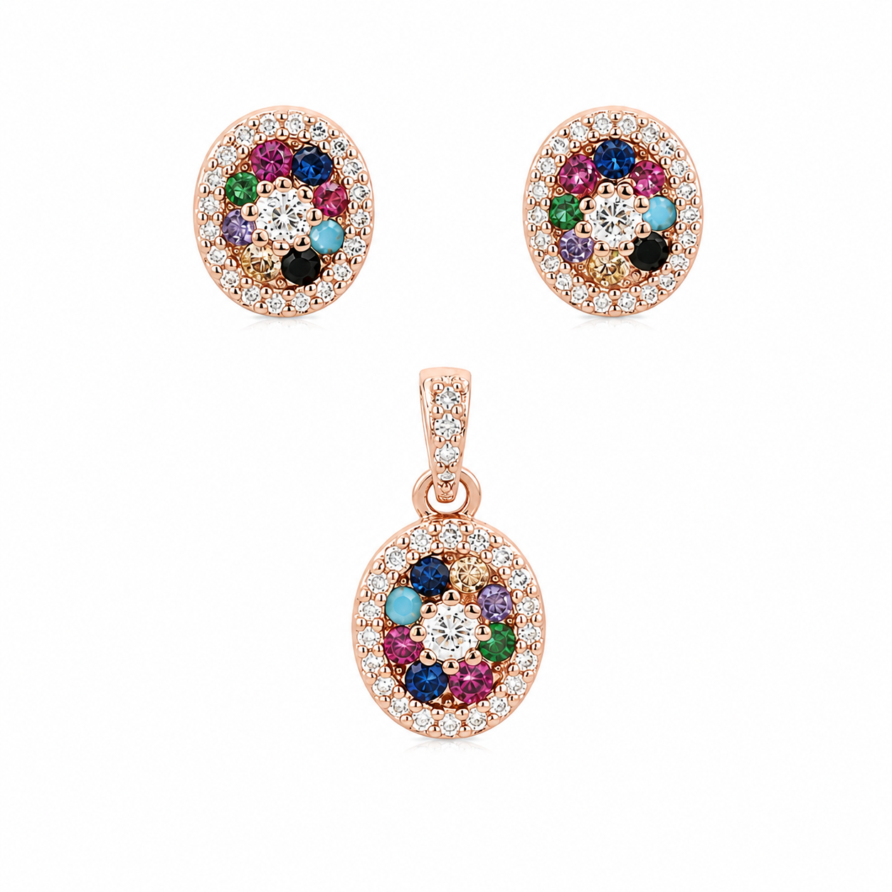 Sterling Silver Oval Rainbow Gemstone Set (Chain not Included)