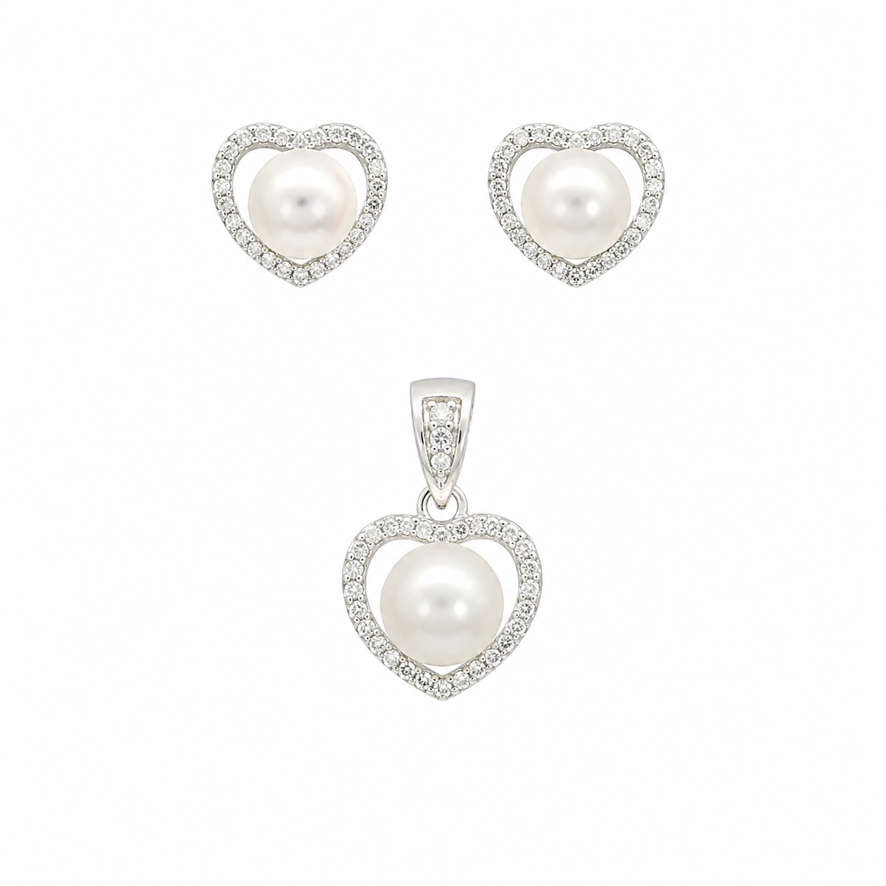 Sterling Silver Pearl CZ Heart Set (Chain not Included)
