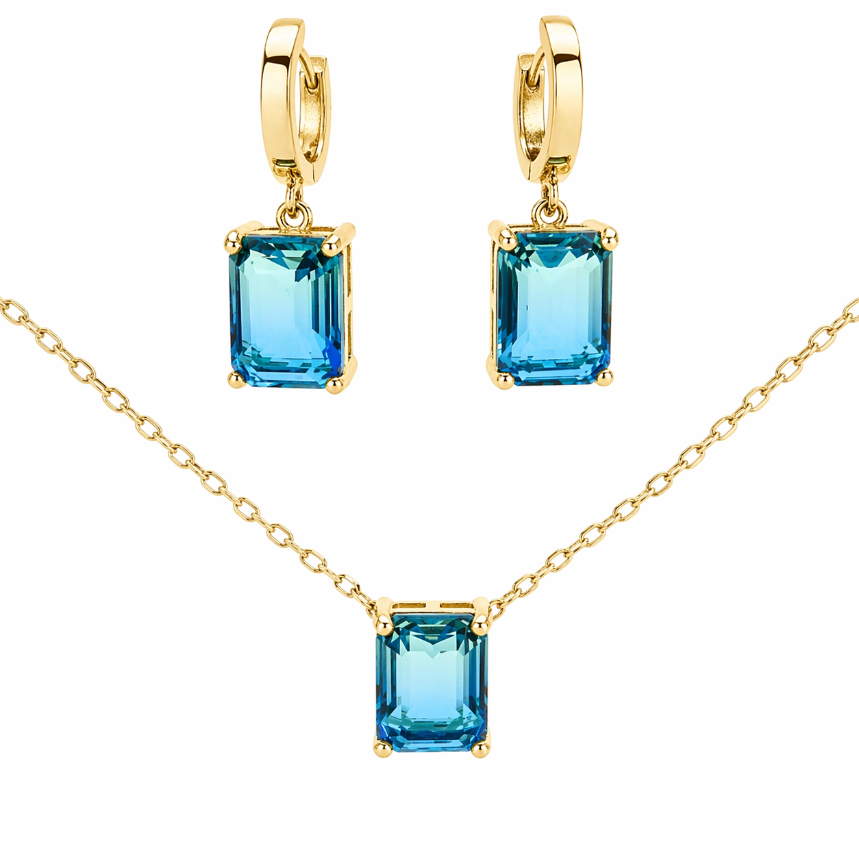 GOLD BLUE TO GREEN OMBRE CZ EMERALD CUT CZ PENDANT & EARRING SET
