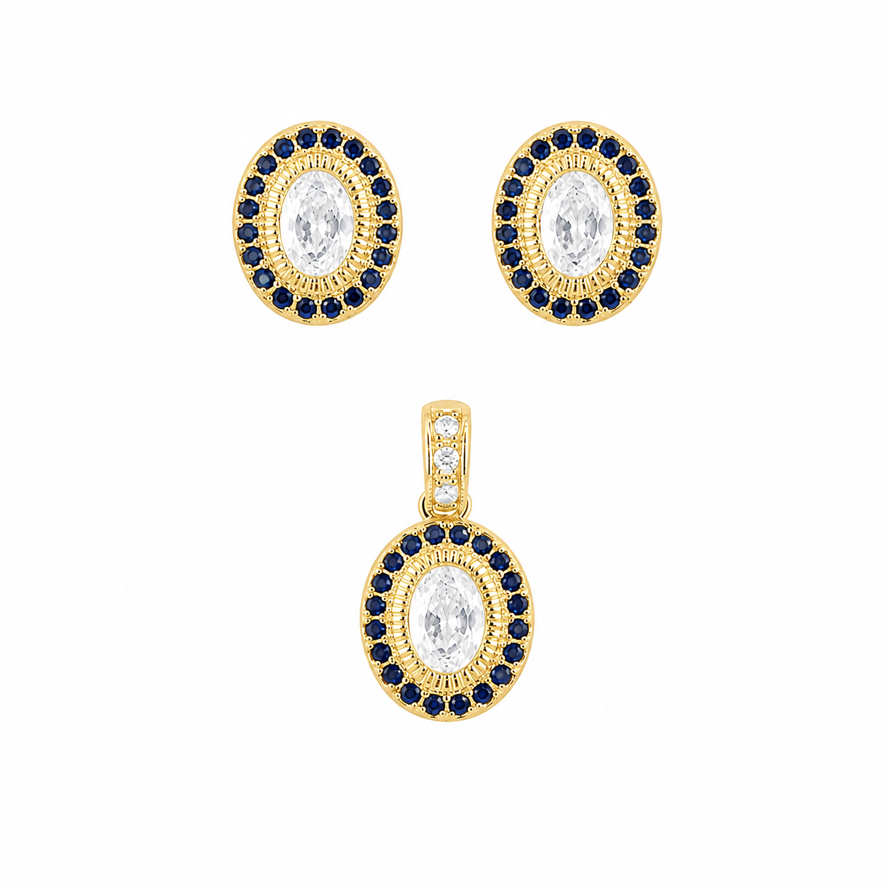 Sterling Silver Oval Set W/ Blue Gemstone Border